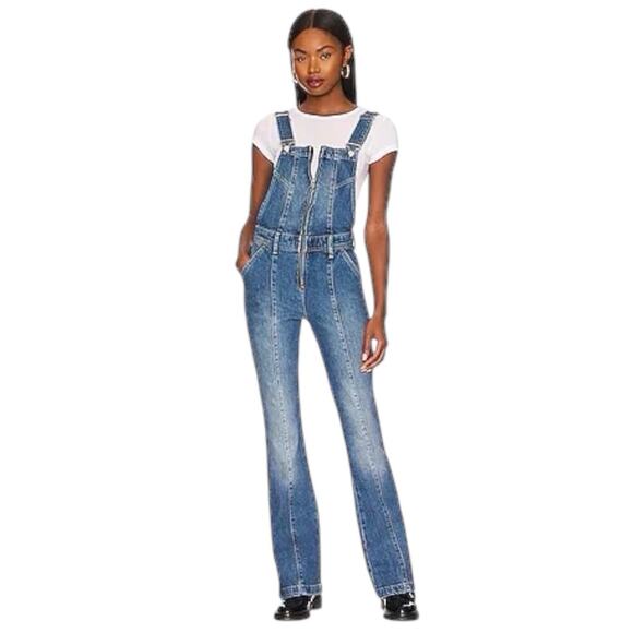 We the Free Camilla Slim Boot Overall Rolling River Flare Denim Dungarees Size M - Picture 1 of 14